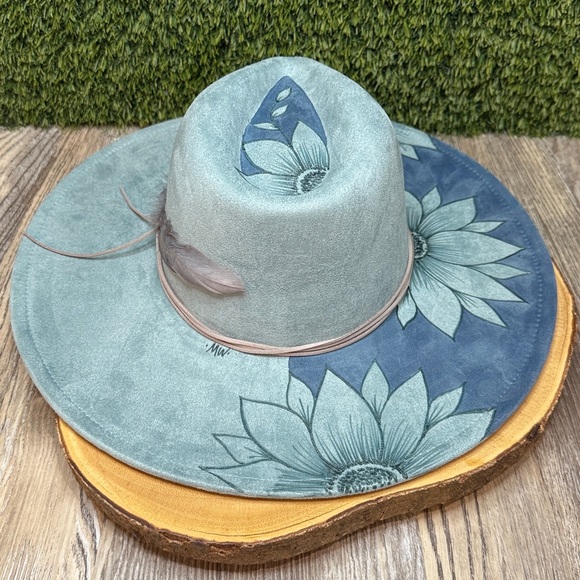 Custom Burned & Painted Baby Denim Blue Wide Brim Hat Suede Felt Sunflowers main image 5